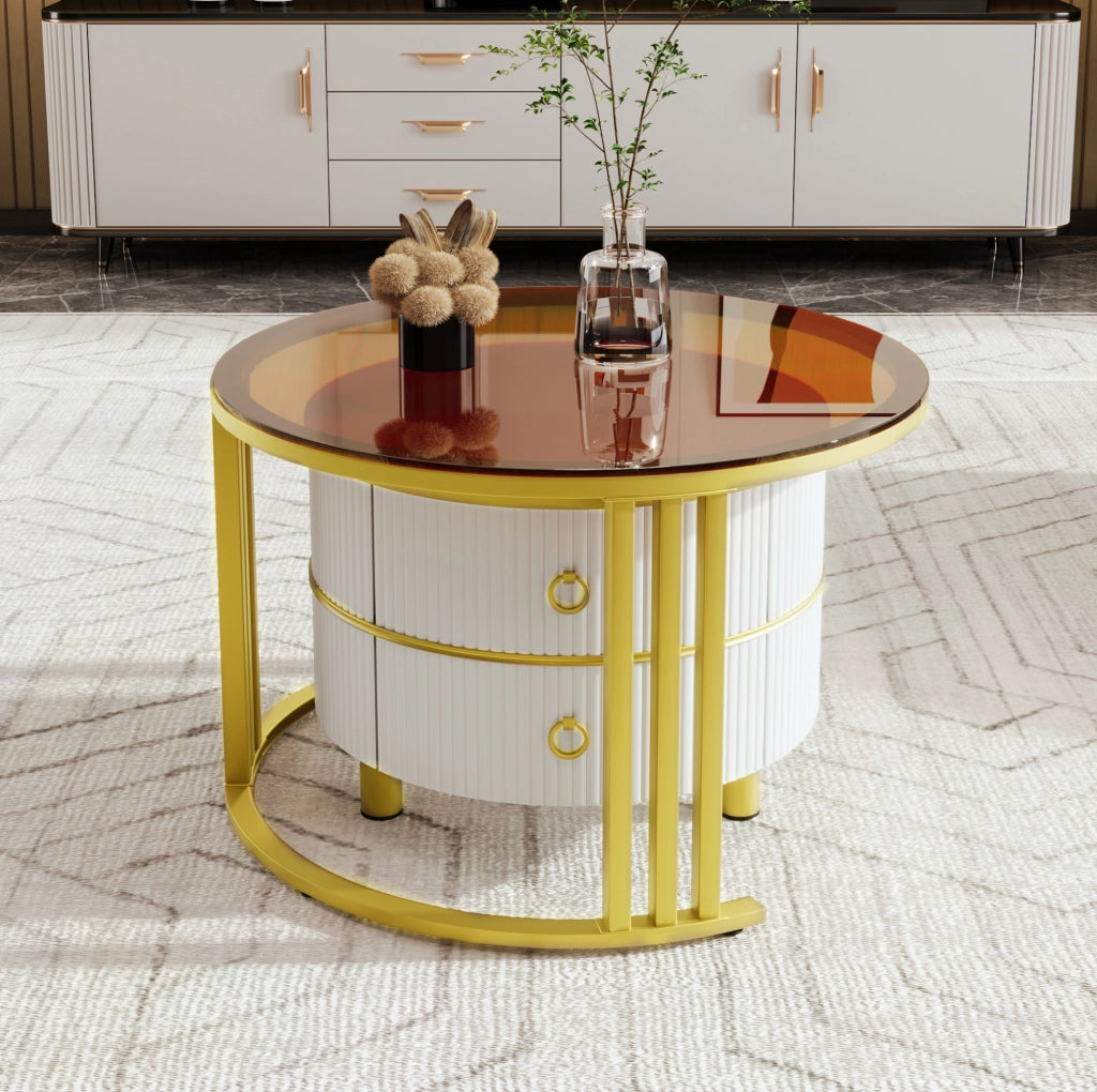 Set di 2 tavolini da caffè rotondi 70x70x45 + 50x50x40 cm in MDF e vetro bianco