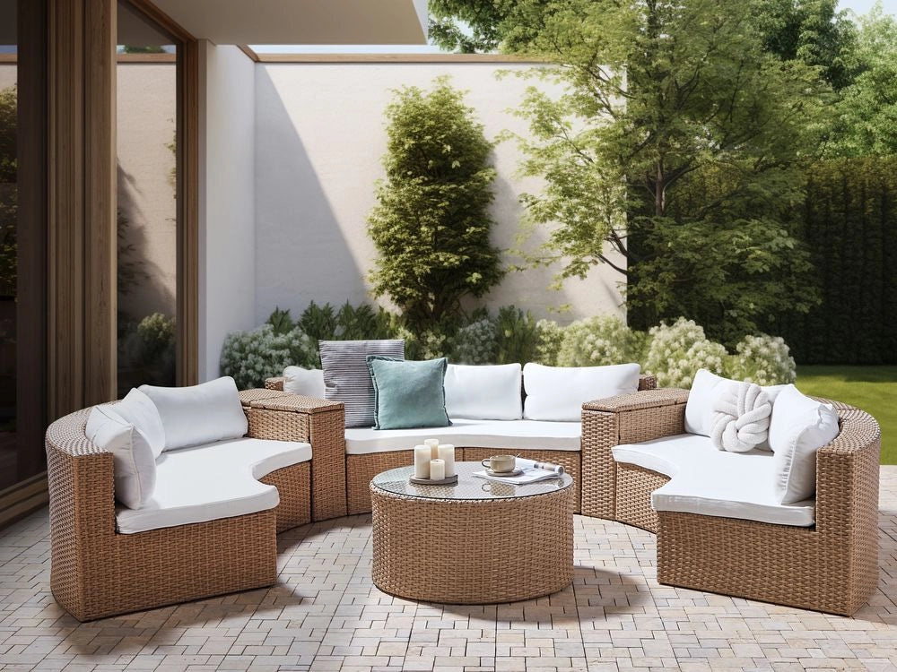 Set divano ad angolo da giardino beige sabbia finto rattan a forma di U 9 posti cuscini bianchi curvi con tavolo set di conversazione