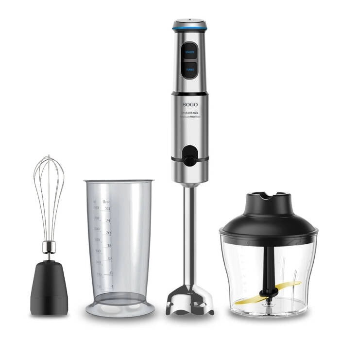Frullatore a immersione 1500W con lame in titanio, velocità variabile e accessori tritatutto 650 ml e bicchiere 800 ml - Sogo