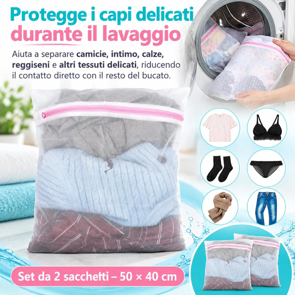 2 Sacchetti Lavatrice 50x40 cm con Cerniera Proteggi Bucato 59474