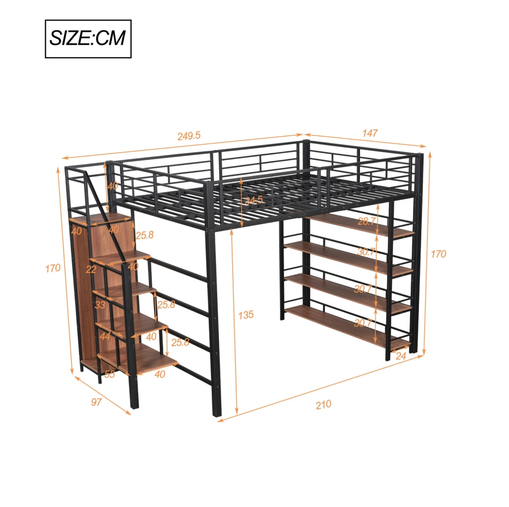 Letto a soppalco 140x200 cm in metallo e MDF nero con scala contenitore e guardaroba