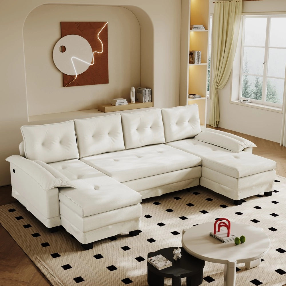 Divano Angolare ad U con Letto Estraibile ¨C Xylo ¨C Crema, USB, 278 cm