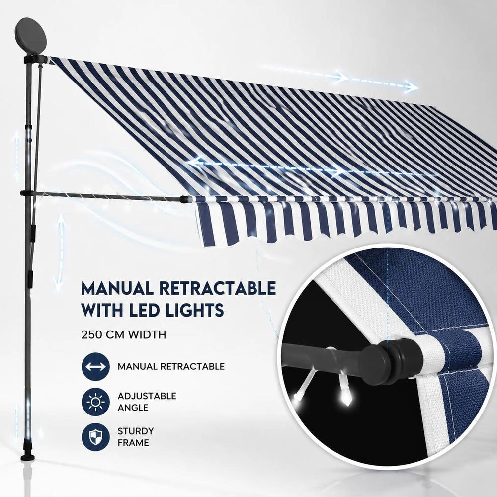 Retractable Awning, Manually Operated, With LED, 250 Cm, Blue And White