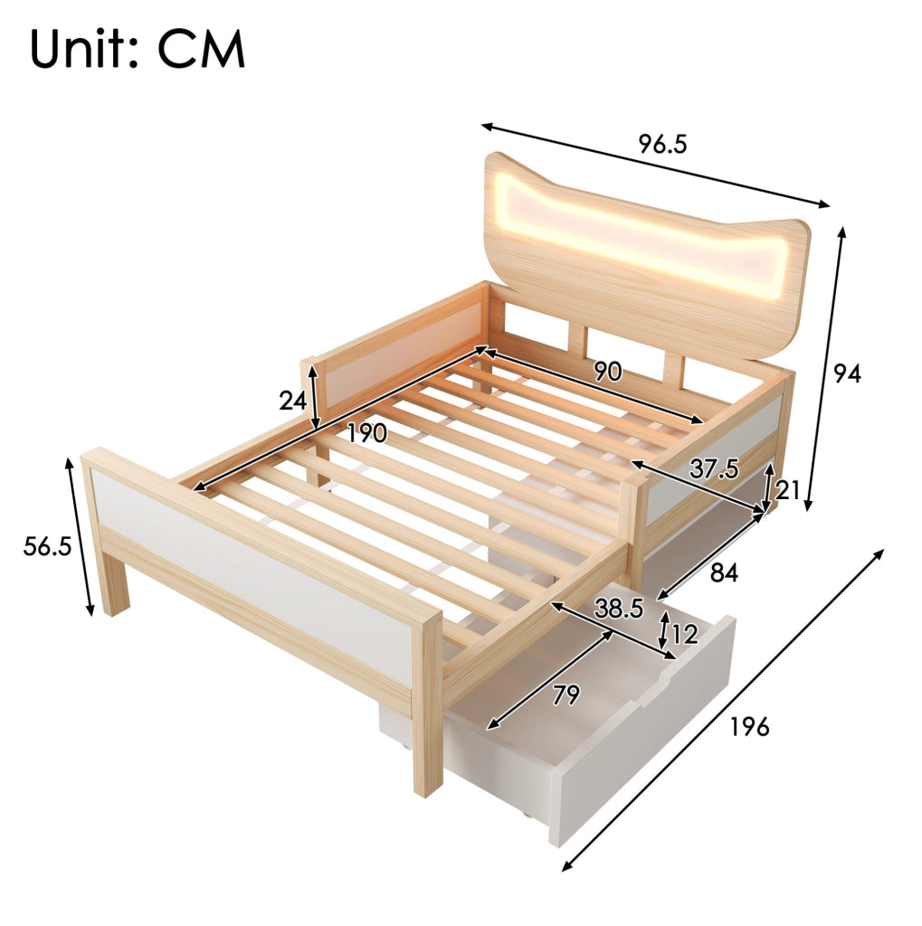 Letto per bambini con testa a gatto, LED RGB, cassetto e sponda di sicurezza