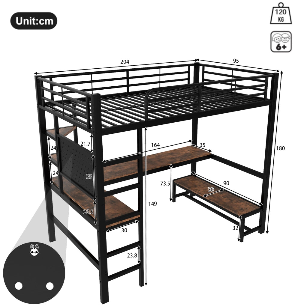 Letto a soppalco 90x200 cm con scrivania, LED e USB-C