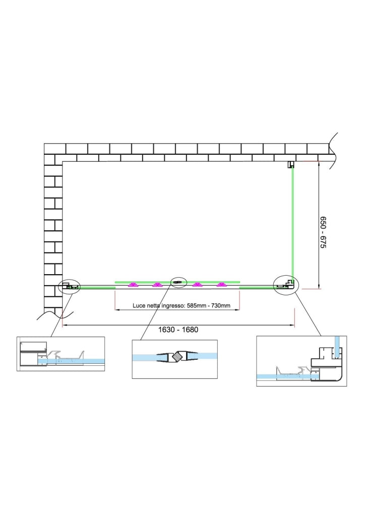 Box doccia 6 mm H 190 parete fissa e porta a 4 ante con apertura centrale MISURA 65-67,5 ANTA FISSA + PORTA 163-168