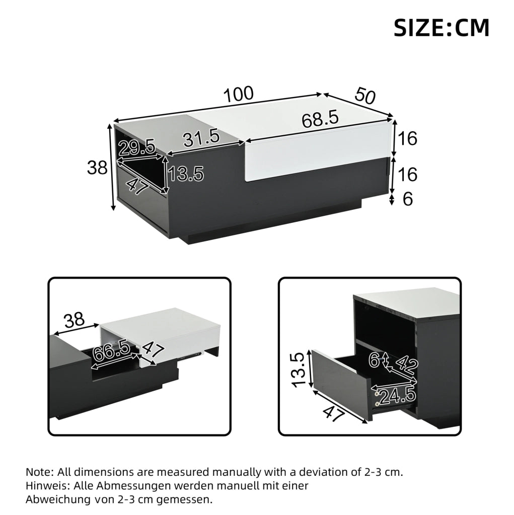 Tavolino da caffè 100x50x38 cm con 2 cassetti e vano laterale; in truciolato; bianco e nero