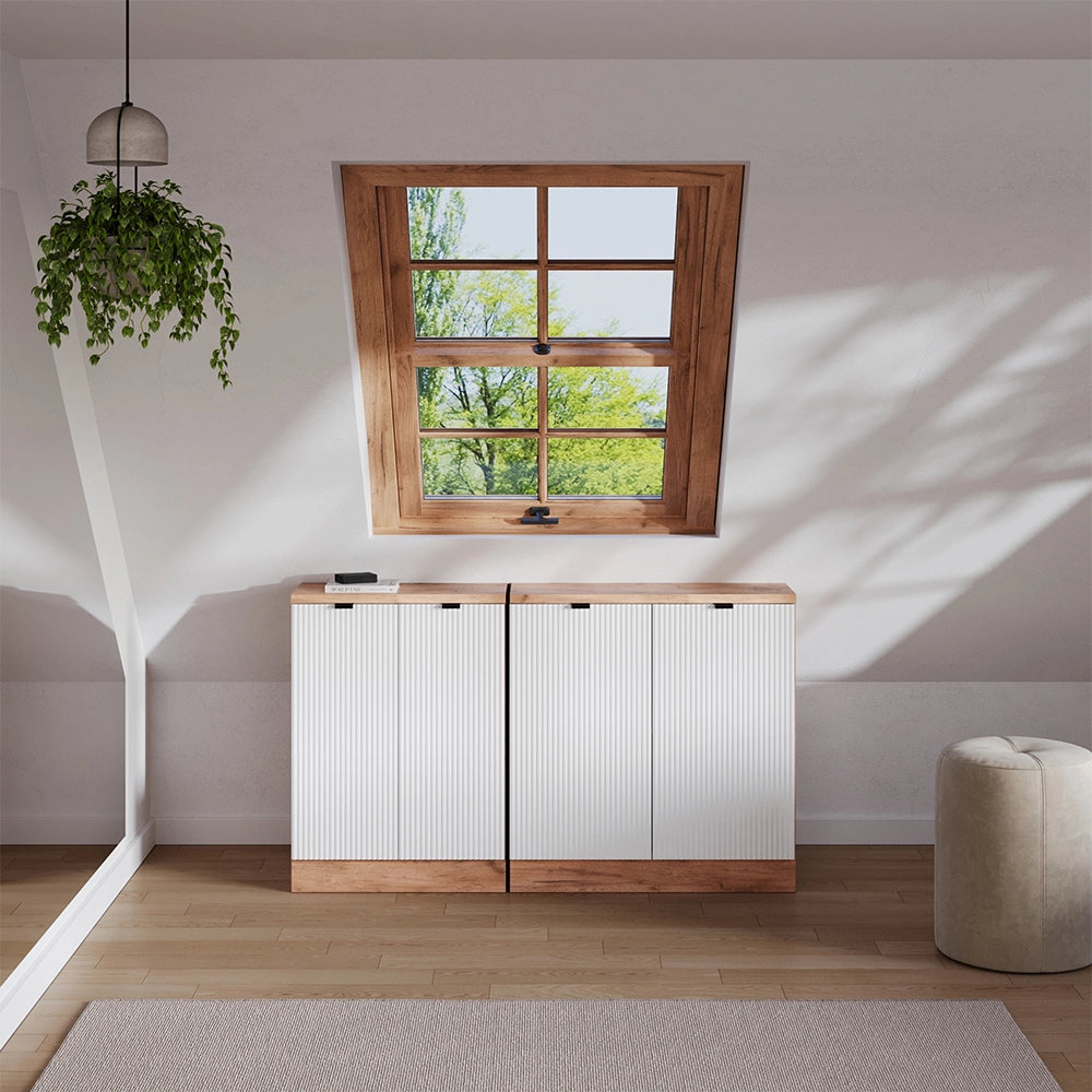 Set di mobili sottotetto Rion Ondulazione bianca/Rovere dorato 140 cm Set di 2 carcasse armadio profondità 60 cm Vicco
