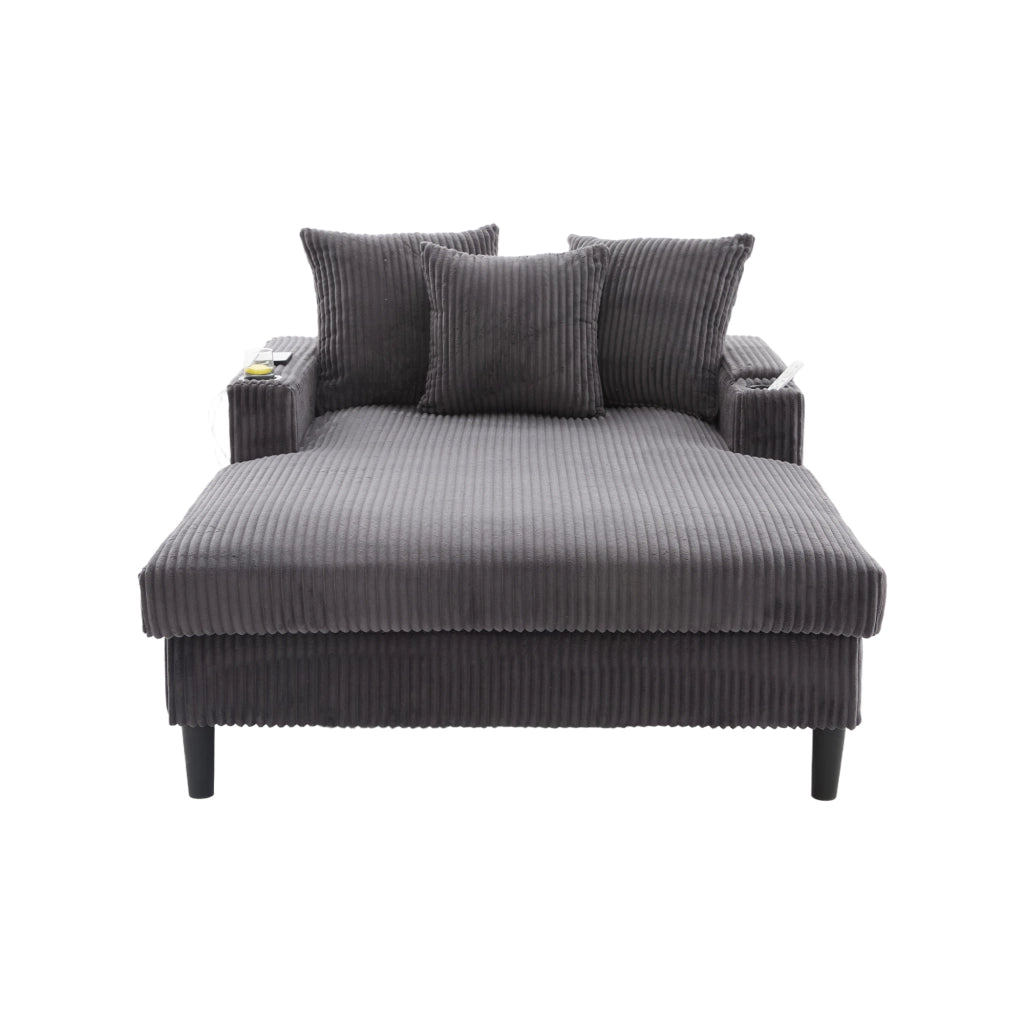 Chaise longue in velluto a coste scuro con porta bevande, LED, USB, contenitore e 3 cuscini