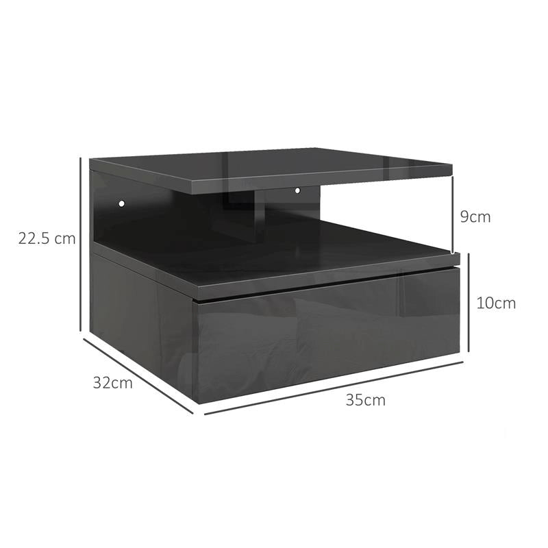 SET DA 2 COMODINI MODERNI SOSPESI CON CASSETTO E MENSOLA IN LEGNO 35X32X22.5CM, NERO LUCIDO