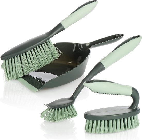 Set di Pulizia Completo da 4 Pezzi, Spazzola Mano, Scopa, Spazzola Mano e Spazzola Cucina, Set di Pulizia Starter Perfetto (Grigio-Light Verde)