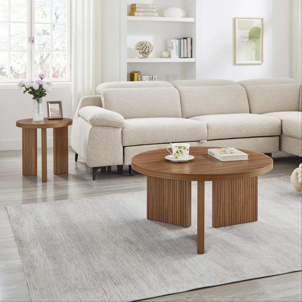 TAVOLINO DA CAFFÈ ROTONDO Set da 2 pezzi Noce MDF Struttura scanalata