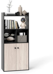 Libreria a 3 livelli, 4 scomparti aperti, scaffale a 2 ante, piedini antiscivolo, cerniera in metallo, mobile per soggiorno, ufficio, camera da letto (nero)