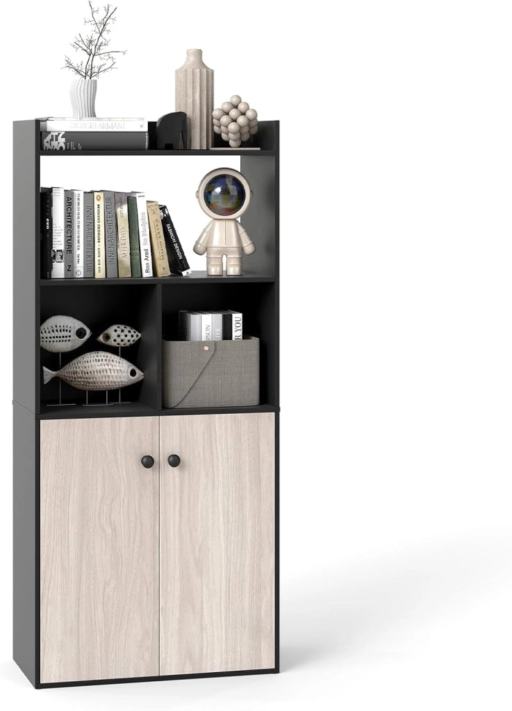 Libreria a 3 livelli, 4 scomparti aperti, scaffale a 2 ante, piedini antiscivolo, cerniera in metallo, mobile per soggiorno, ufficio, camera da letto (nero)