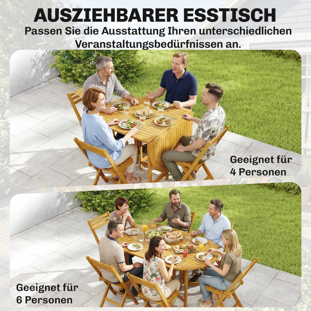Set di mobili da giardino FSC Set da seda in legno Tavolo pieghevole in 7 pezzi con 6 sedie pieghevoli Design a stecche con foro per ombrello