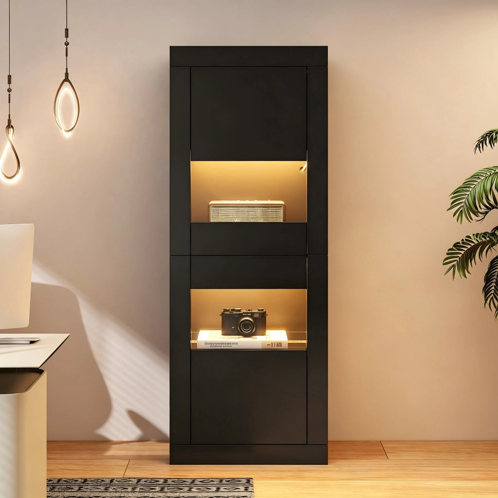 Vetrina con 2 ante; 3 ripiani e 4 vani con LED e ripiani in vetro per soggiorno; 61×42×162 cm; nera