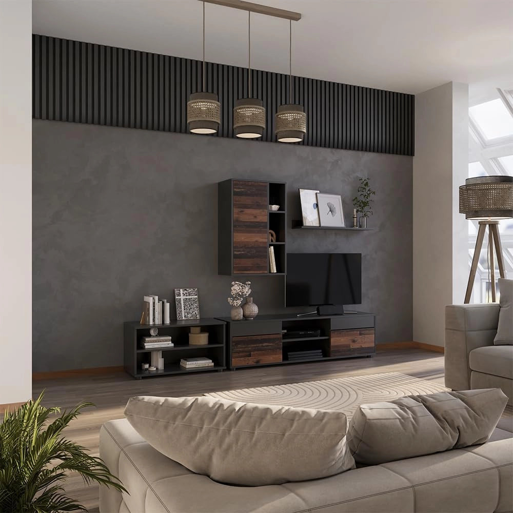 Parete attrezzata soggiorno Berno, Nero/antico, 2 parti, per la conservazione di accessori multimediali e l'esposizione di decorazioni