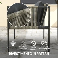 Set Salotto da Giardino in Rattan con 2 Poltrone, Divanetto 2 Posti e Tavolino da Caffè in Vetro, Grigio