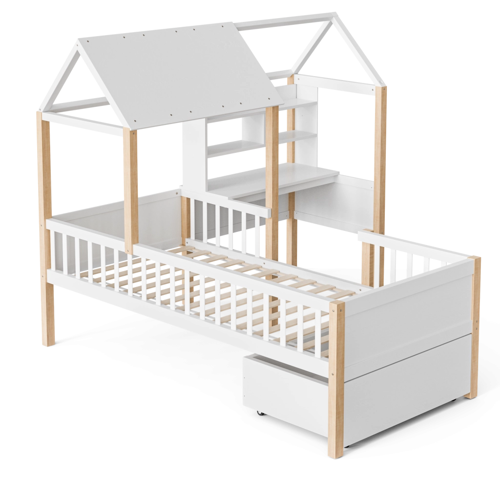 Letto a casetta per bambini 90x200 cm con scrivania e scaffale