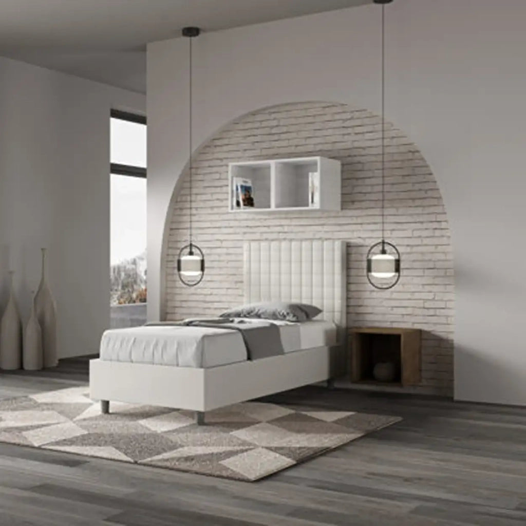 Letto singolo contenitore imbottito 80x190 similpelle bianco Sunny