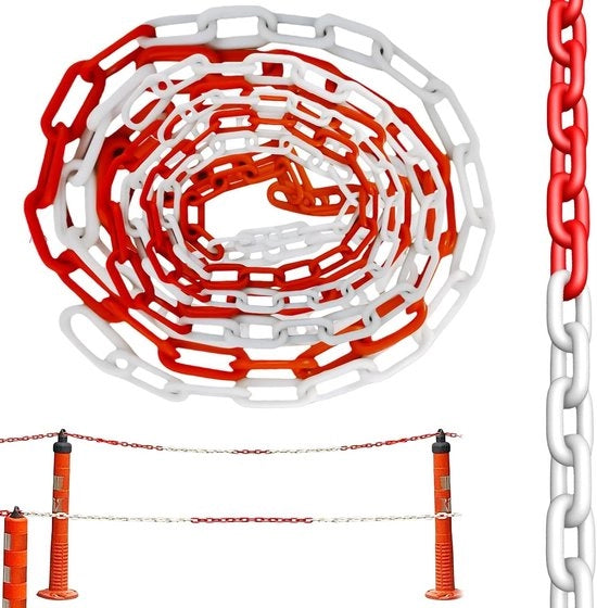 Chiusura per catena di sicurezza in plastica, catena a anello, 15 metri, 6 mm, colore rosso/bianco