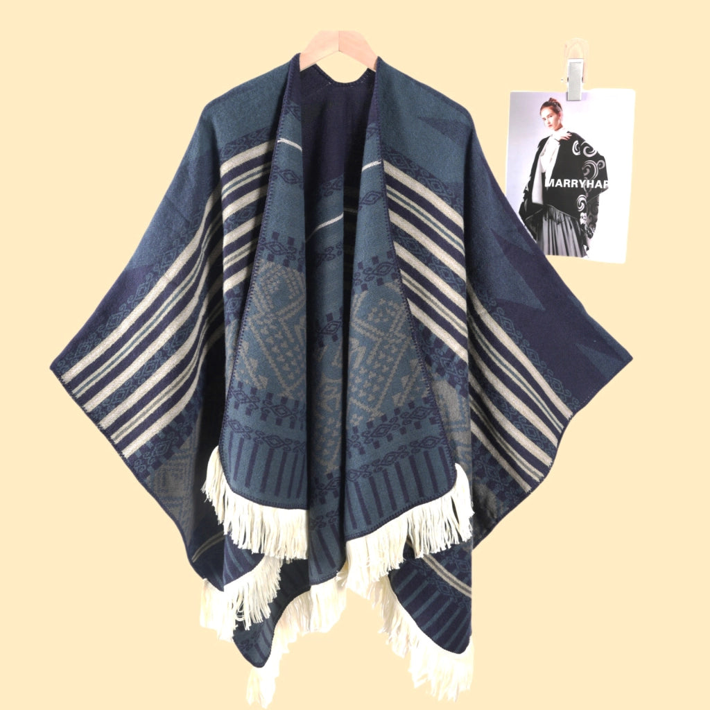 Sciarpa da viaggio da donna in stile vintage con frange, mantello esterno, cappa