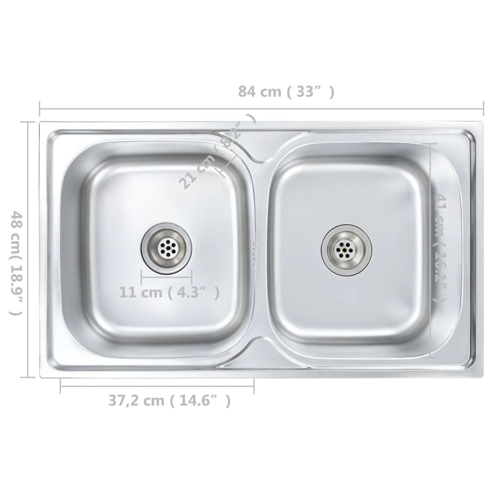 Lavello doppio con piletta e sifone 84 x 48 cm acciaio inox 02_0002359