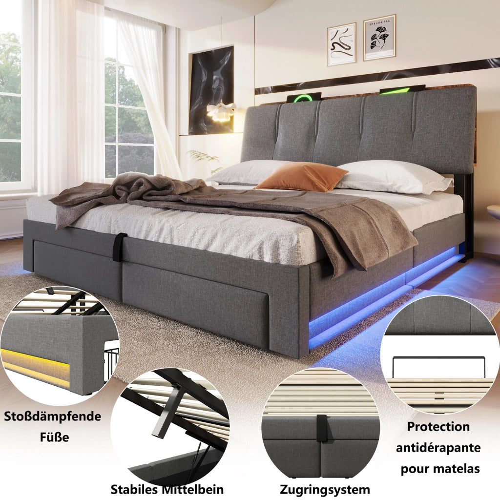 Letto Contenitore 140x200 cm; Letto Matrimoniale; USB; Type-C; LED; Cassetti; in Lino Grigio