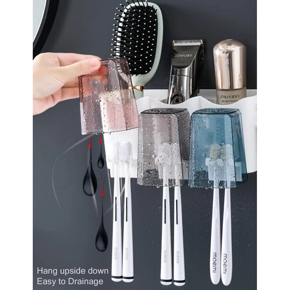Trade Shop - Portaspazzolino Adesivo Multifunzione Organizer Per Spazzolino Denti Con 4 Tazze + 4 Slot -