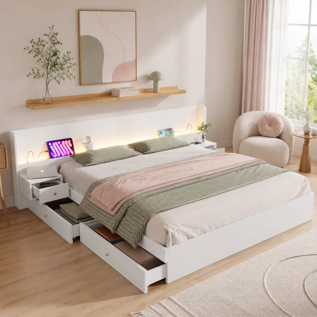 Letto matrimoniale 180x200 cm in MDF bianco con USB, prese, LED APP, 2 comodini, 2 cassetti, senza materasso