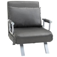 Poltrona Letto Singolo 3 in 1 con Schienale Reclinabile su 5 Livelli e Cuscino, Divano Letto Singolo Pieghevole per Soggiorno e Salotto in Pelle Scamosciata e Metallo, 65x69x80 cm, Grigio