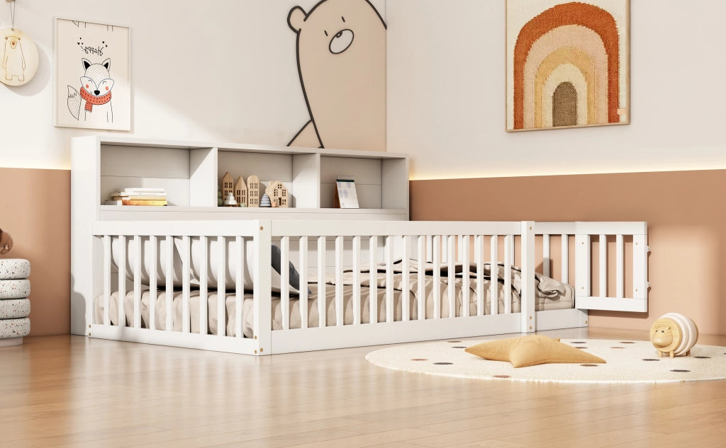 DESMIU Letto per bambini 90 × 200 cm con ripiani e sponda, senza materasso, in pino e MDF, bianco