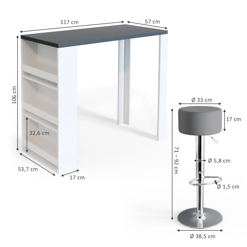 Vicco Tavolo bar con sgabelli Bianco/Grigio 57 x 117 cm con 2 sgabelli da bar