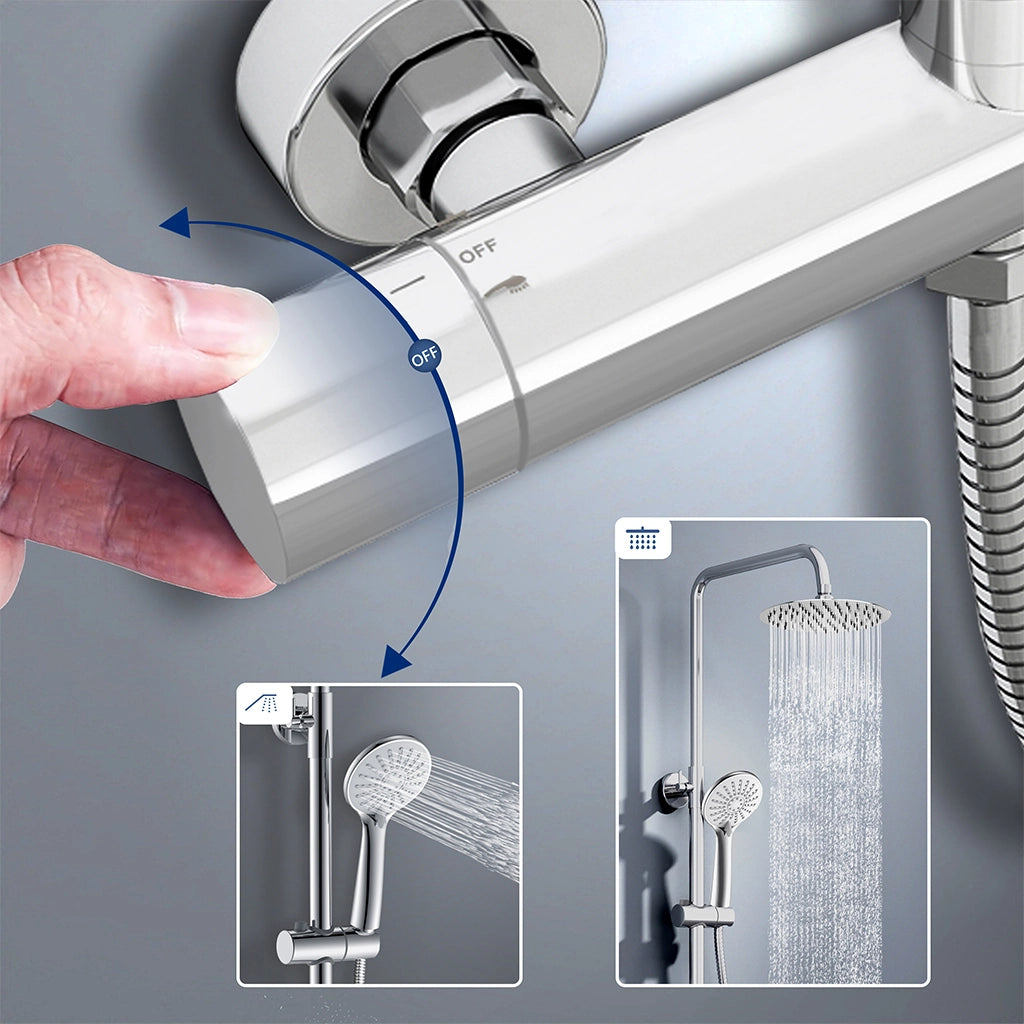 colonna doccia rotonda completo di miscelatore termostatico cilindro, soffione rotondo 20x20cm, cromo