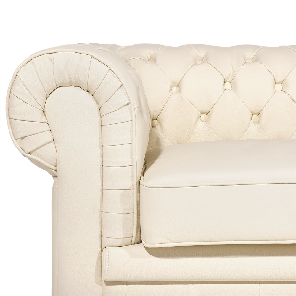 Set soggiorno Chesterfield tappezzeria in pelle crema gambe in legno scuro divano a 3 posti + poltrona contemporanea