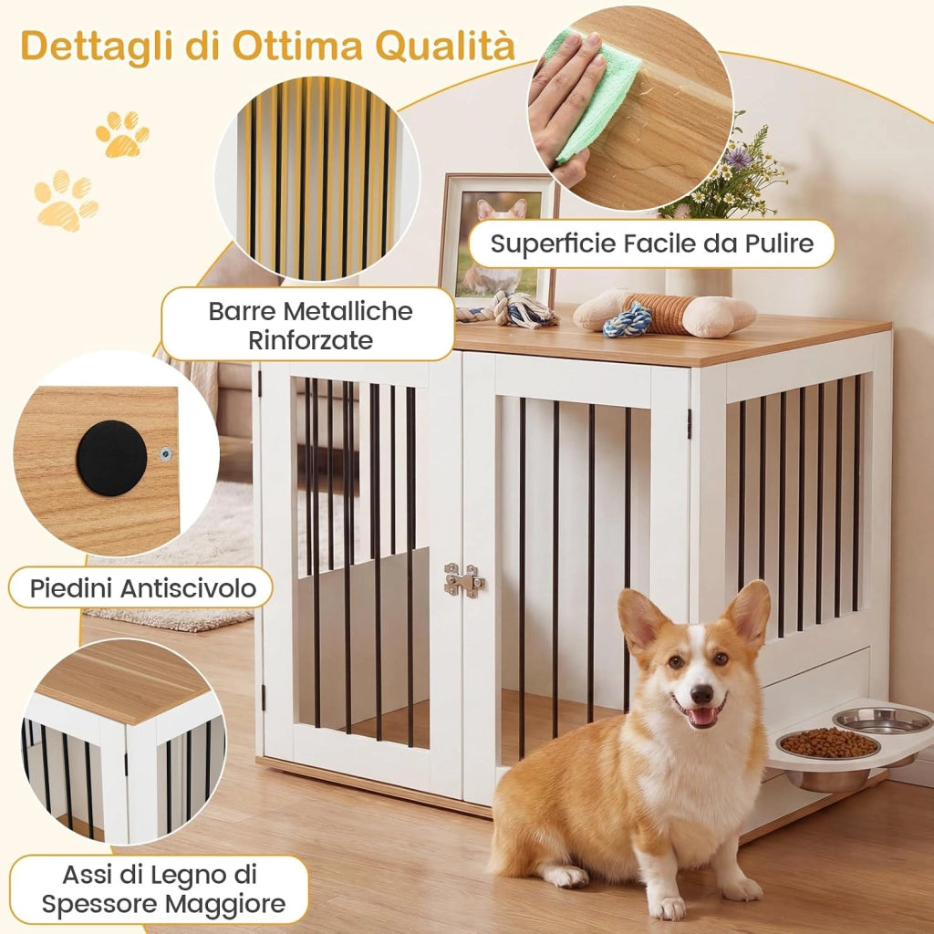 Cuccia per Cani da Interno, Gabbia per Cane Piccolo e Midio con 2 Ciotole Girevoli, 2 Porte e Chiusura di Sicurezza, Casetta per Cuccioli, 80 x 66,5 x 71,5 cm