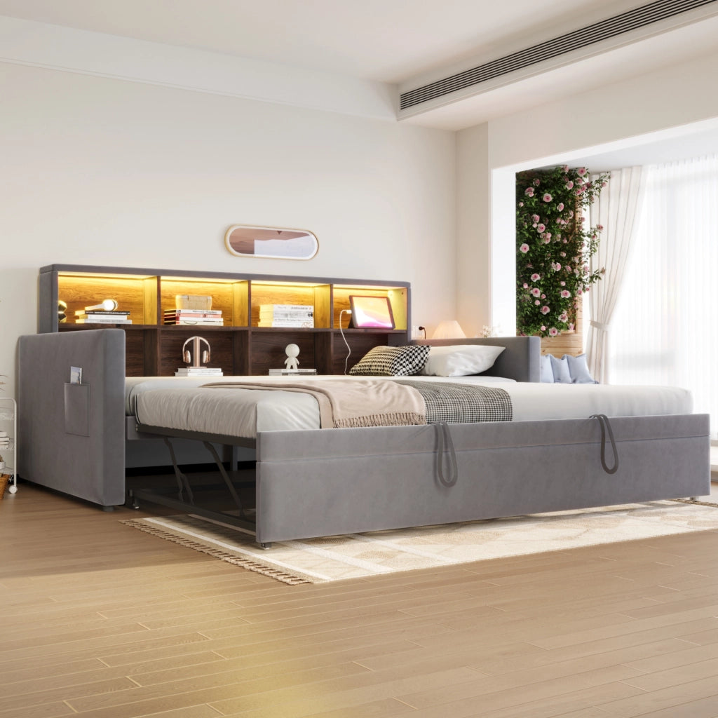 Divano letto imbottito 90x190 cm con letto estraibile; LED; prese USB/Type-C; velluto grigio