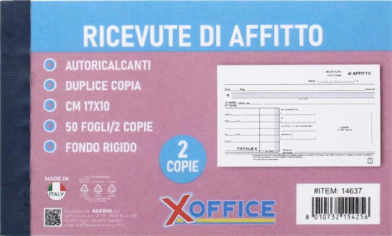 BLOCCHETTO PER RICEVUTE DI AFFITTO AUTORICALCANTE RILASCIA 2 COPIE 17X10 CM - 50 FOGLI - 1280.2 DATA