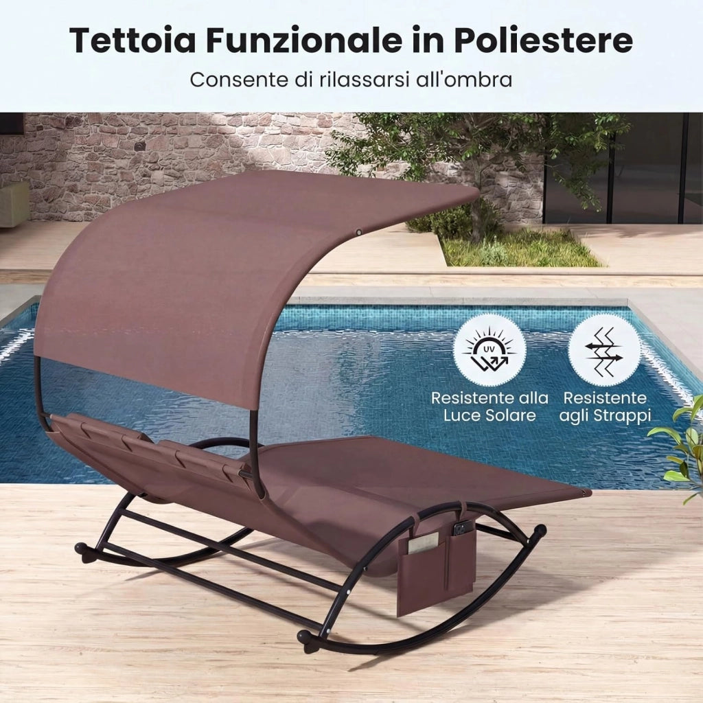 Lettino Prendisole a 2 Posti, Sdraio a Dondolo con Tetto Parasole, 2 Poggiatesta Staccabili e Tasca Portaoggetti Laterale, Tessuto Textilene, per Giardino e Terrazza, Portata 300 kg (Marrone)
