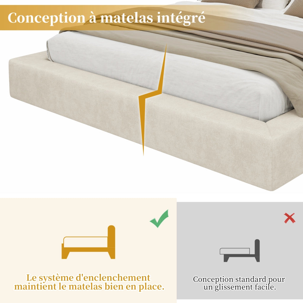 Letto matrimoniale imbottito 180x200 cm con rete a doghe e testiera capitonné; rivestimento in ciniglia; beige