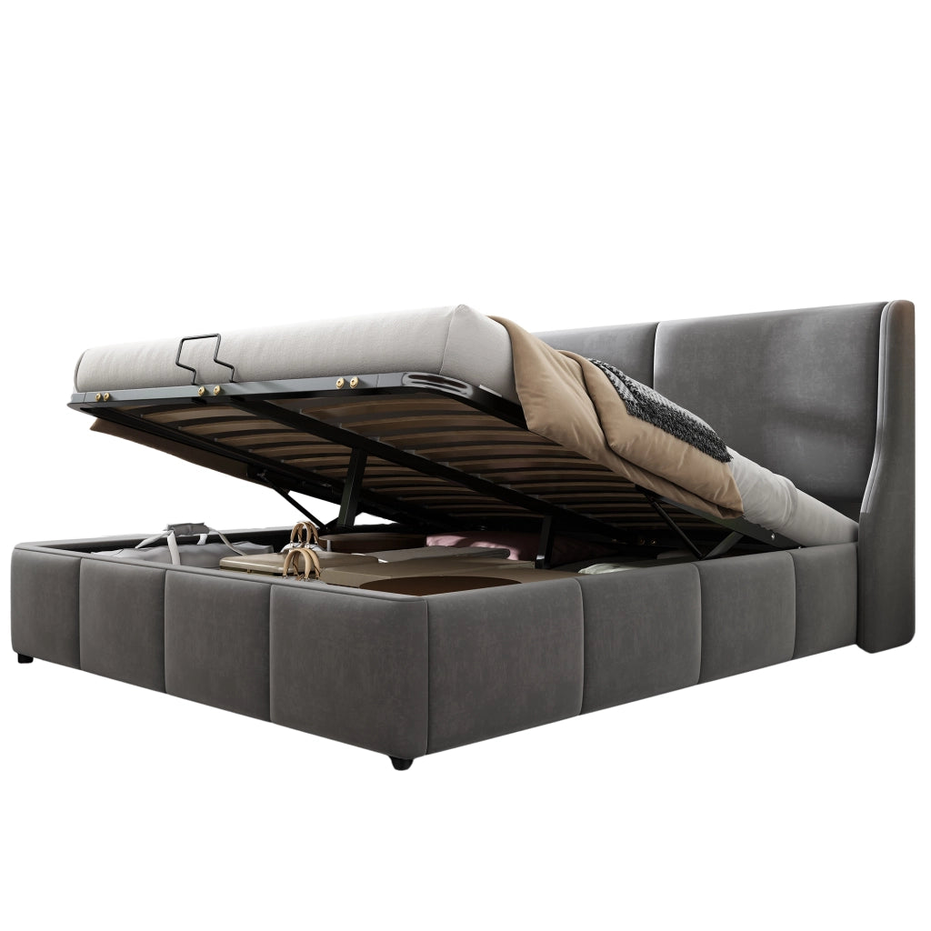 Letto imbottito 180x200 cm con contenitore grigio e meccanismo idraulico