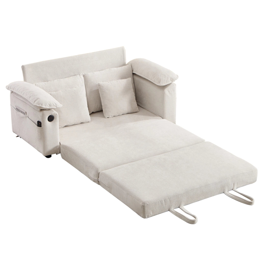 Divano letto convertibile 135x66x80 cm in tessuto bianco con tasche laterali -