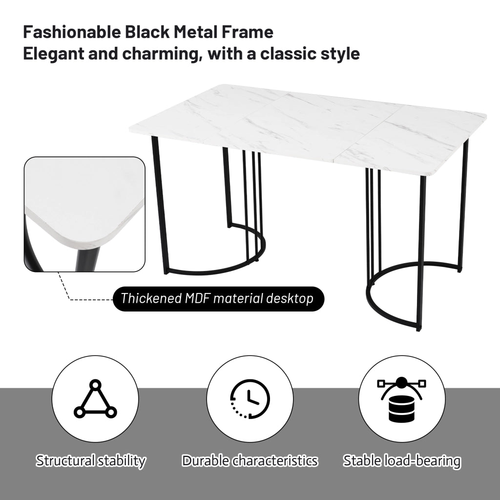 Tavolo da pranzo con 4 sedie in velluto, piano in MDF effetto marmo, per cucina e sala da pranzo, 140 × 80 cm