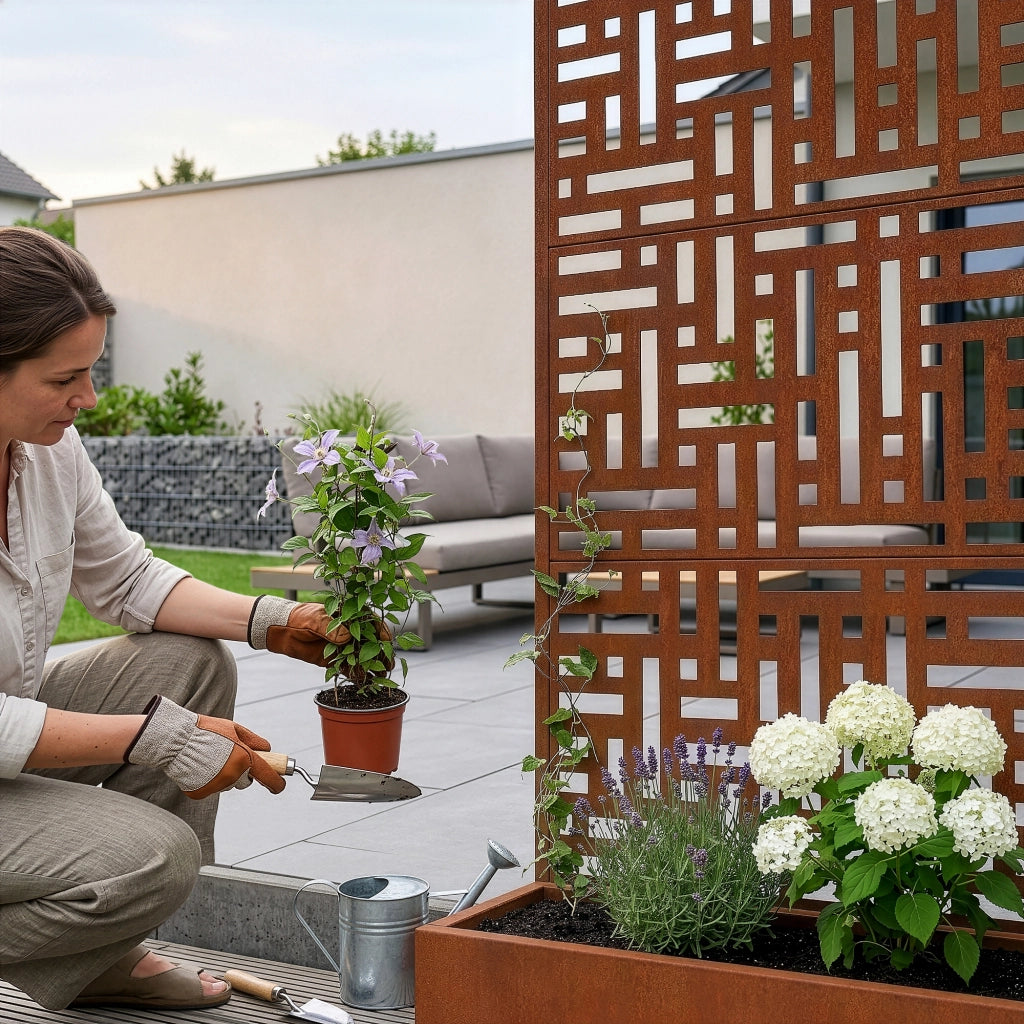 Fioriera con Spalliera Bernalda a 4 Rotelle 190 x 82 x 38 cm Acciaio Corten - Marrone Ossidato casa.pro