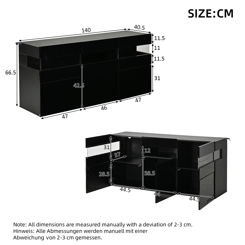 Credenza e madia con LED, 3 ante e 7 vani, frontale lucido, per soggiorno, in truciolare, nero, 140 × 40,5 × 66,5 cm