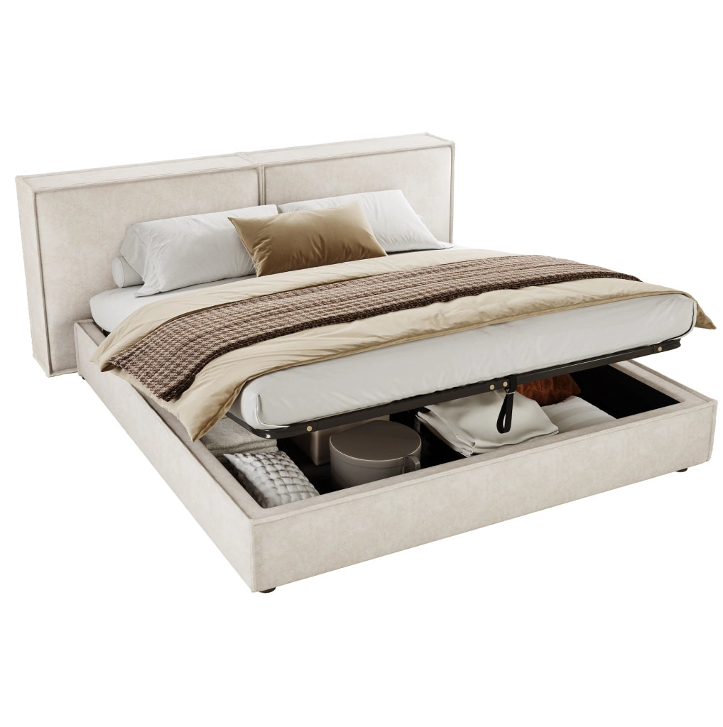 Letto matrimoniale contenitore 160x200 cm in chenille beige con rete a doghe e testiera imbottita