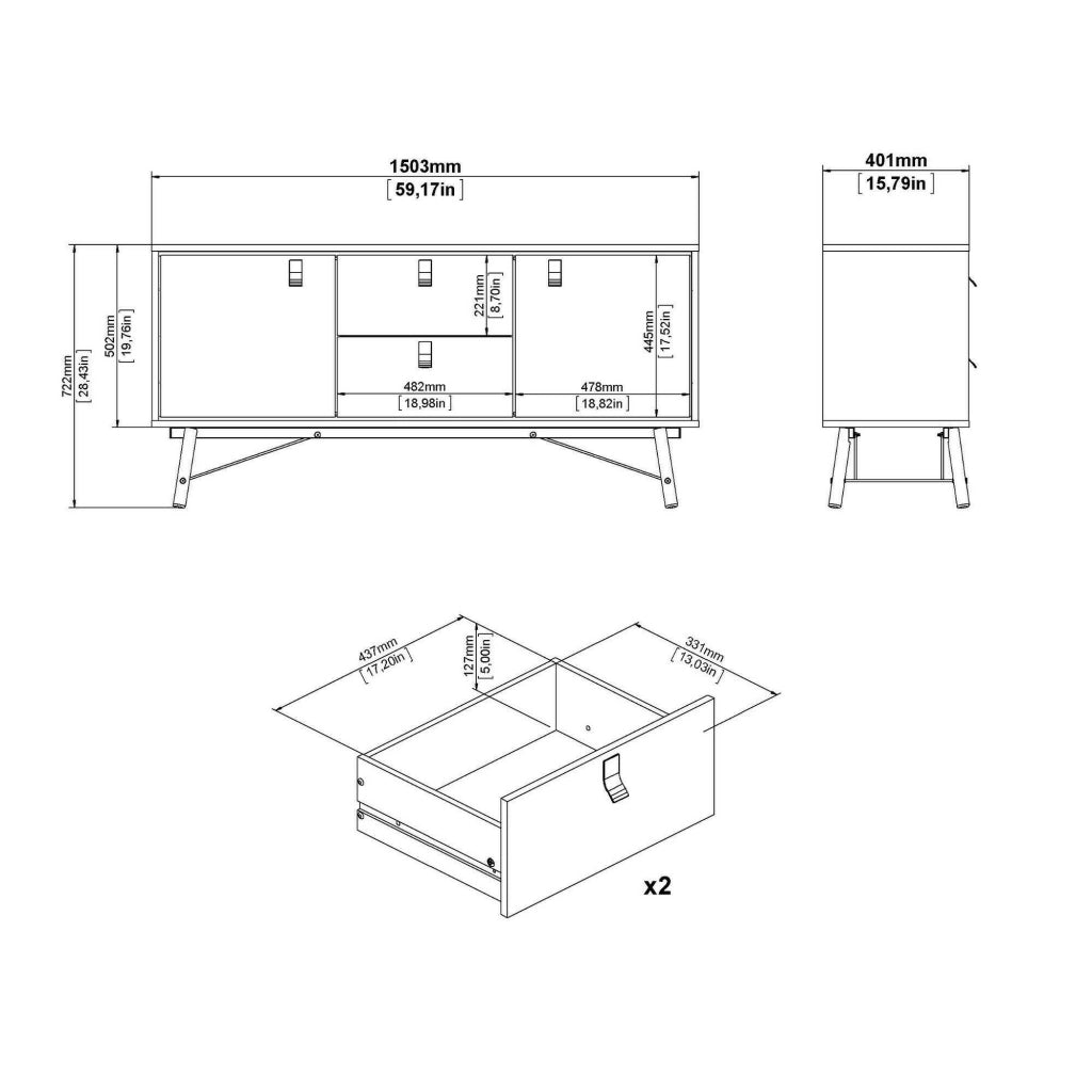 Credenza Manyi, Buffet da soggiorno, Madia da salotto, Dispensa da cucina, 150x40 h72 cm, Nero e Noce
