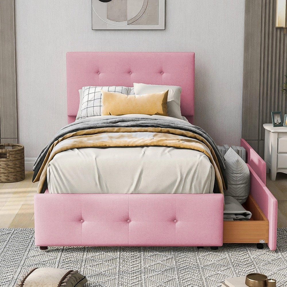Letto imbottito singolo ¨C Minimal ¨C Rosa velluto 90x200cm con rete a doghe e due cassetti
