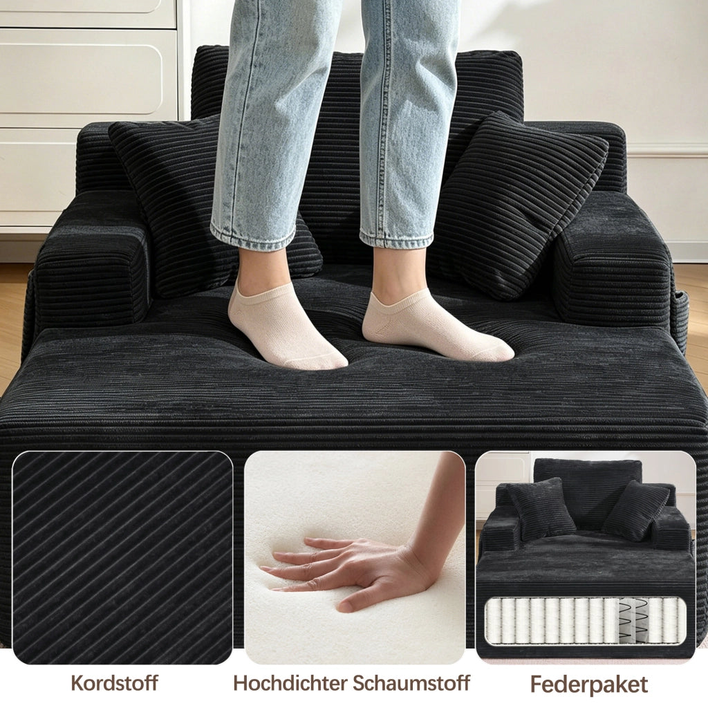 Divano in velluto a coste con tasche laterali e cuscini morbidi, design retrò, struttura stabile, nero