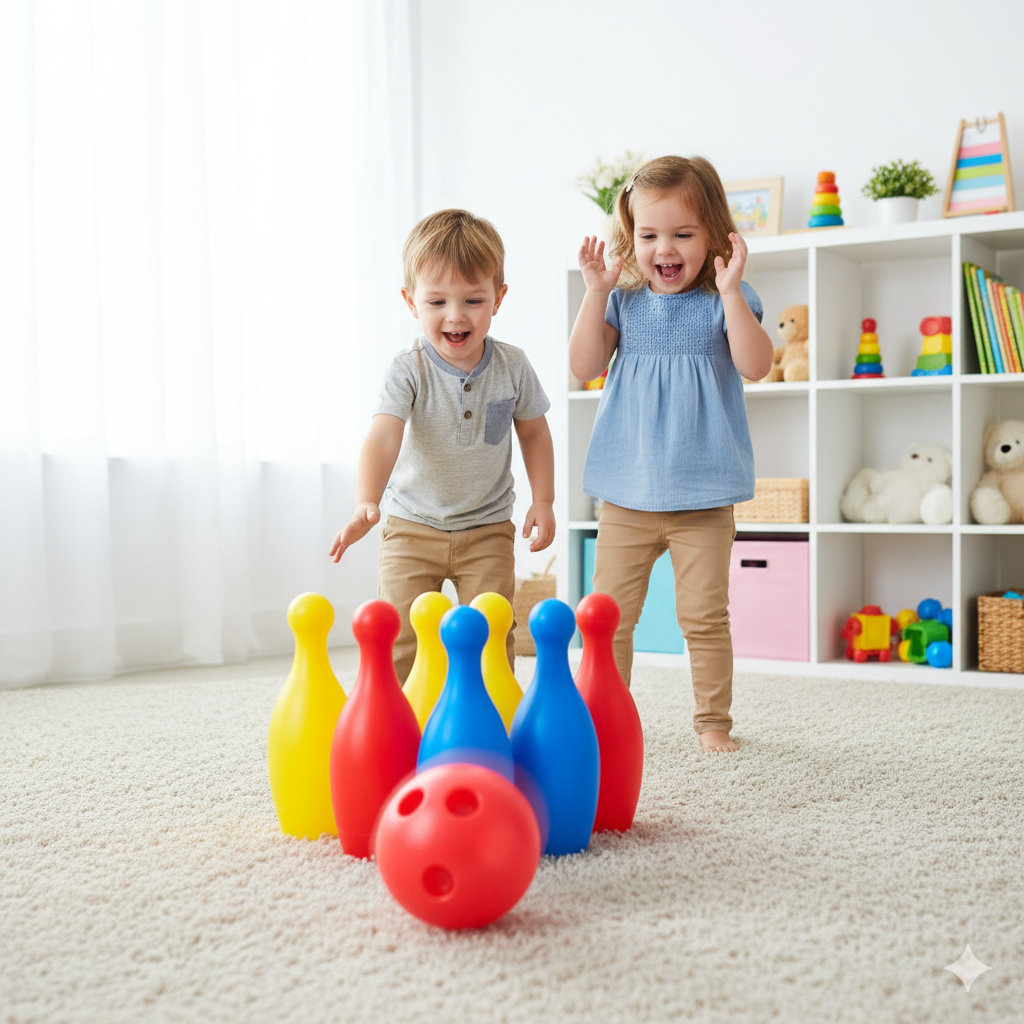 Gioco Bowling per Bambini con Birilli H19 cm 1 Boccia Ø10 cm in Plastica Multicolore